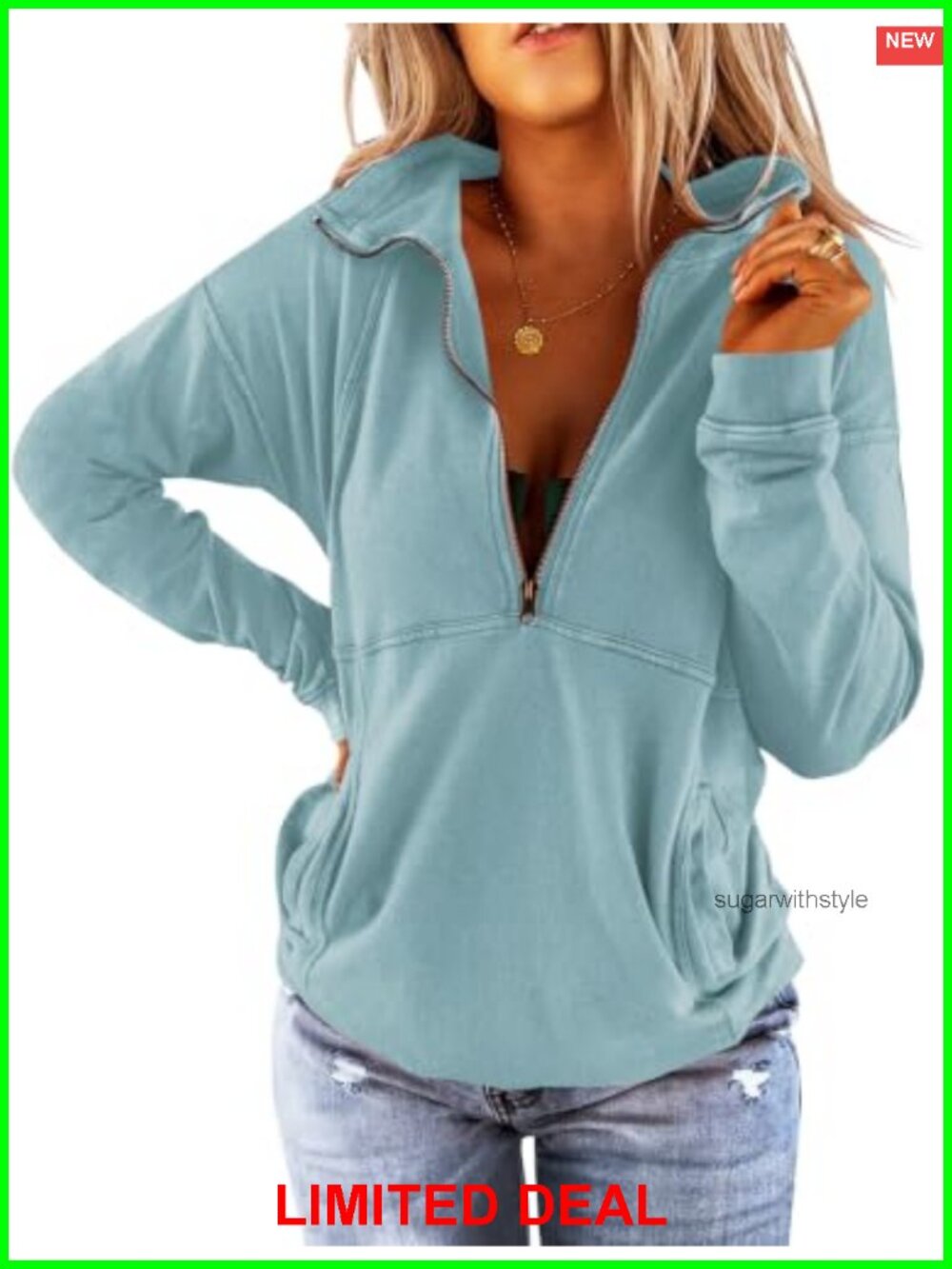 Women's Half Zip Lapel Sweatshirt Long Sleeve Loose Fit Casual Pullover Top